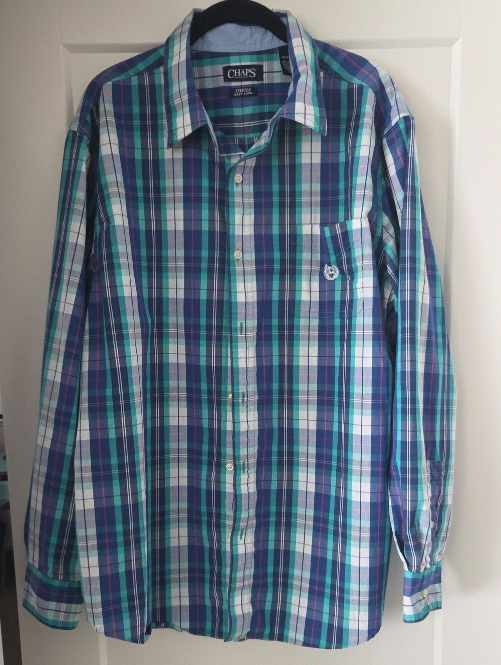 Chaps Men's Blue, Green & White Plaid Button-Down Shirt